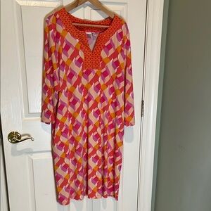 Susan Graver Red and Pink V-Neck Long Sleeve Dress